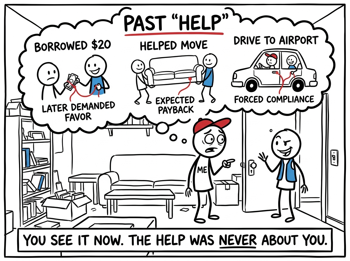 A stick figure noticing the pattern as the helper arrives uninvited again — a thought bubble shows a list of past 'help' that all came with strings