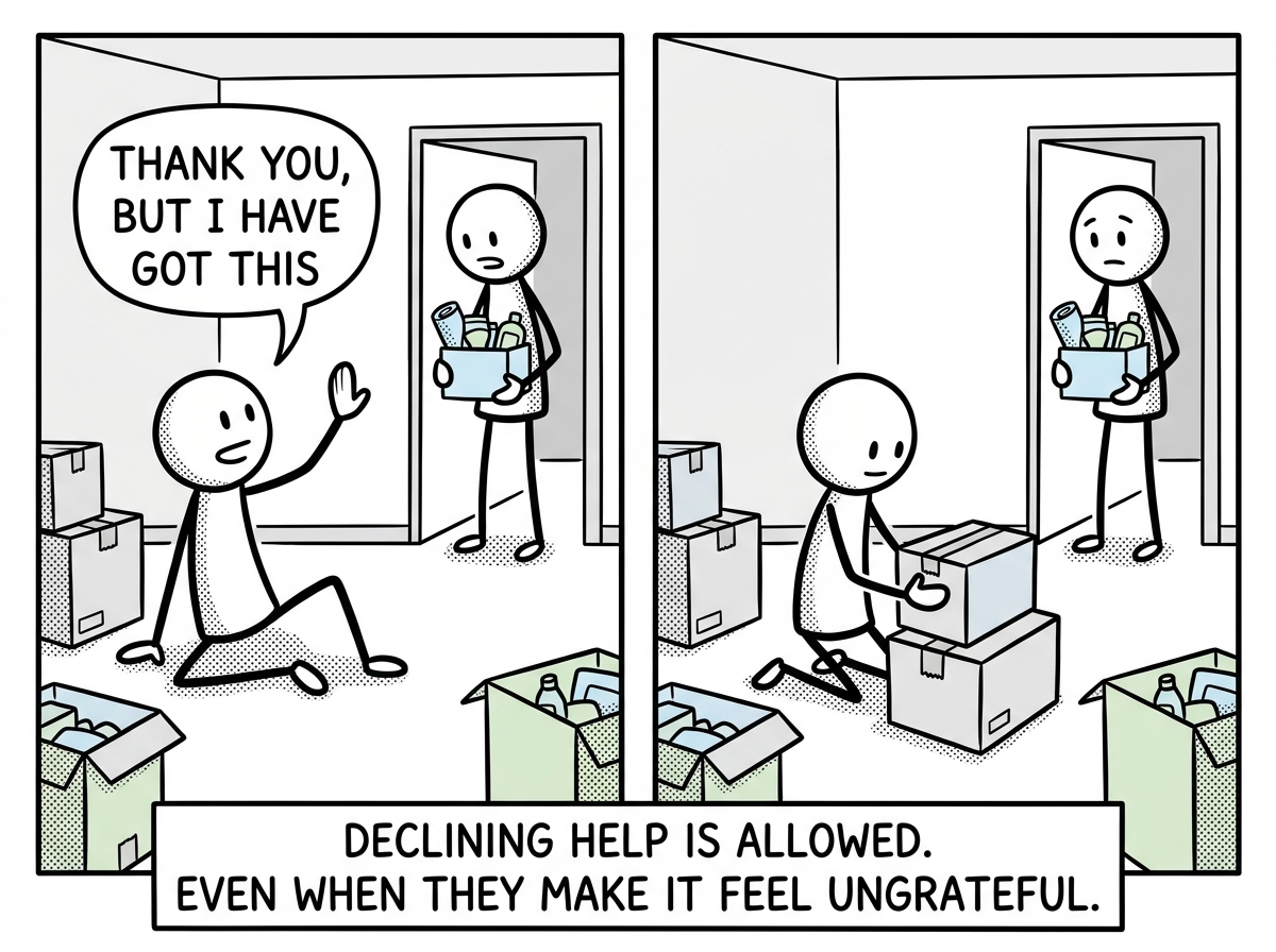The stick figure politely but firmly saying 'Thank you, but I have got this' while the helper stands in the doorway holding supplies