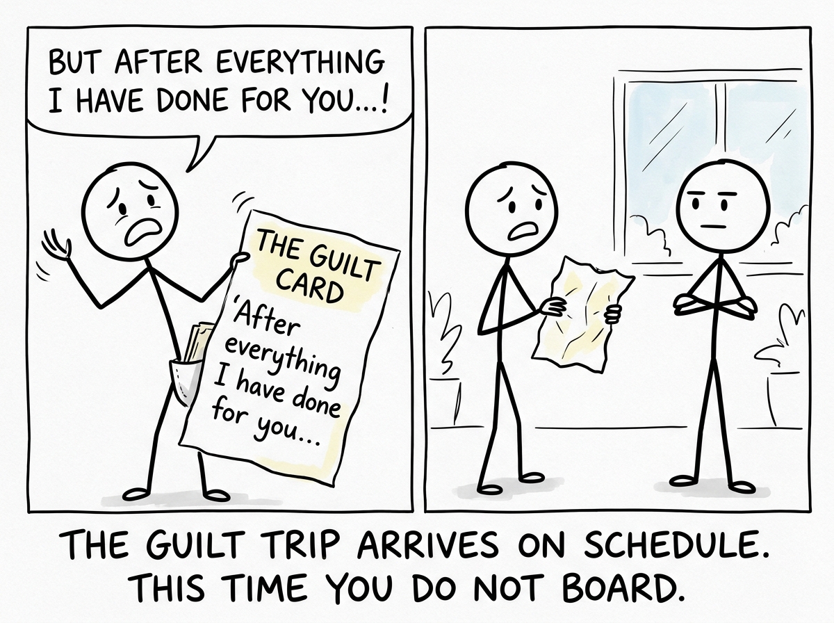 The helper pulling out the guilt card — 'After everything I have done' — but the stick figure stays calm, unmoved, arms steady