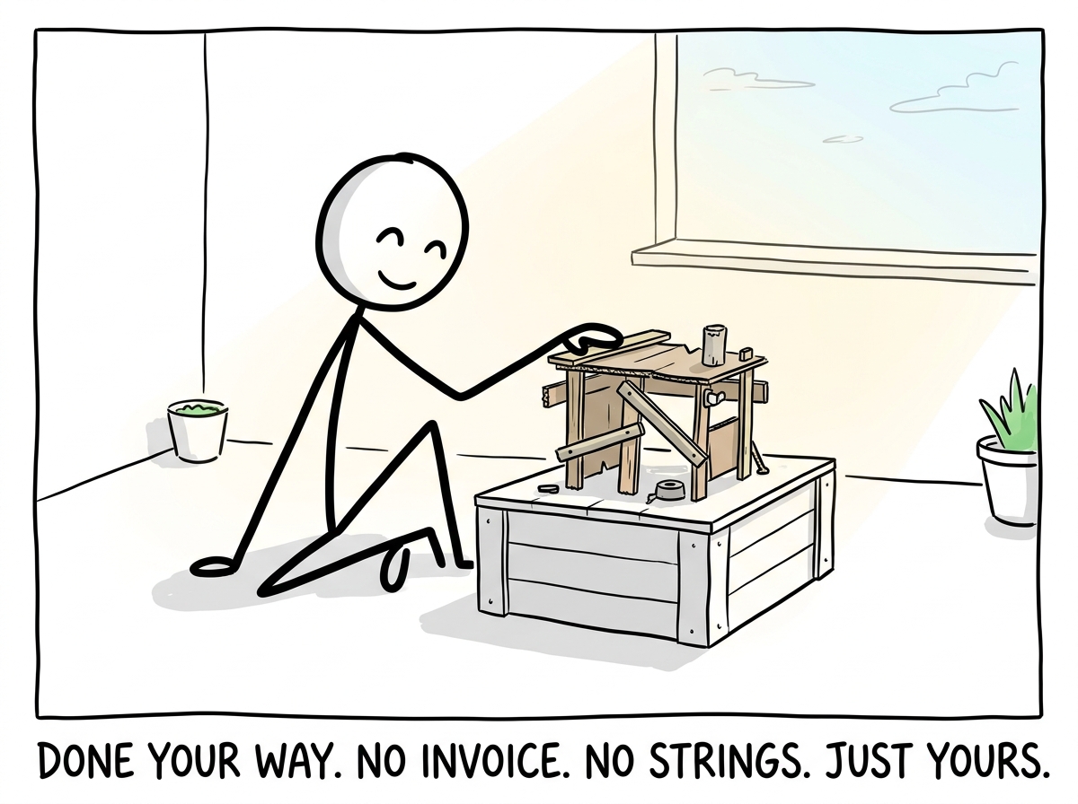 The stick figure completing their project alone, imperfect but free, with no strings attached to the finished work