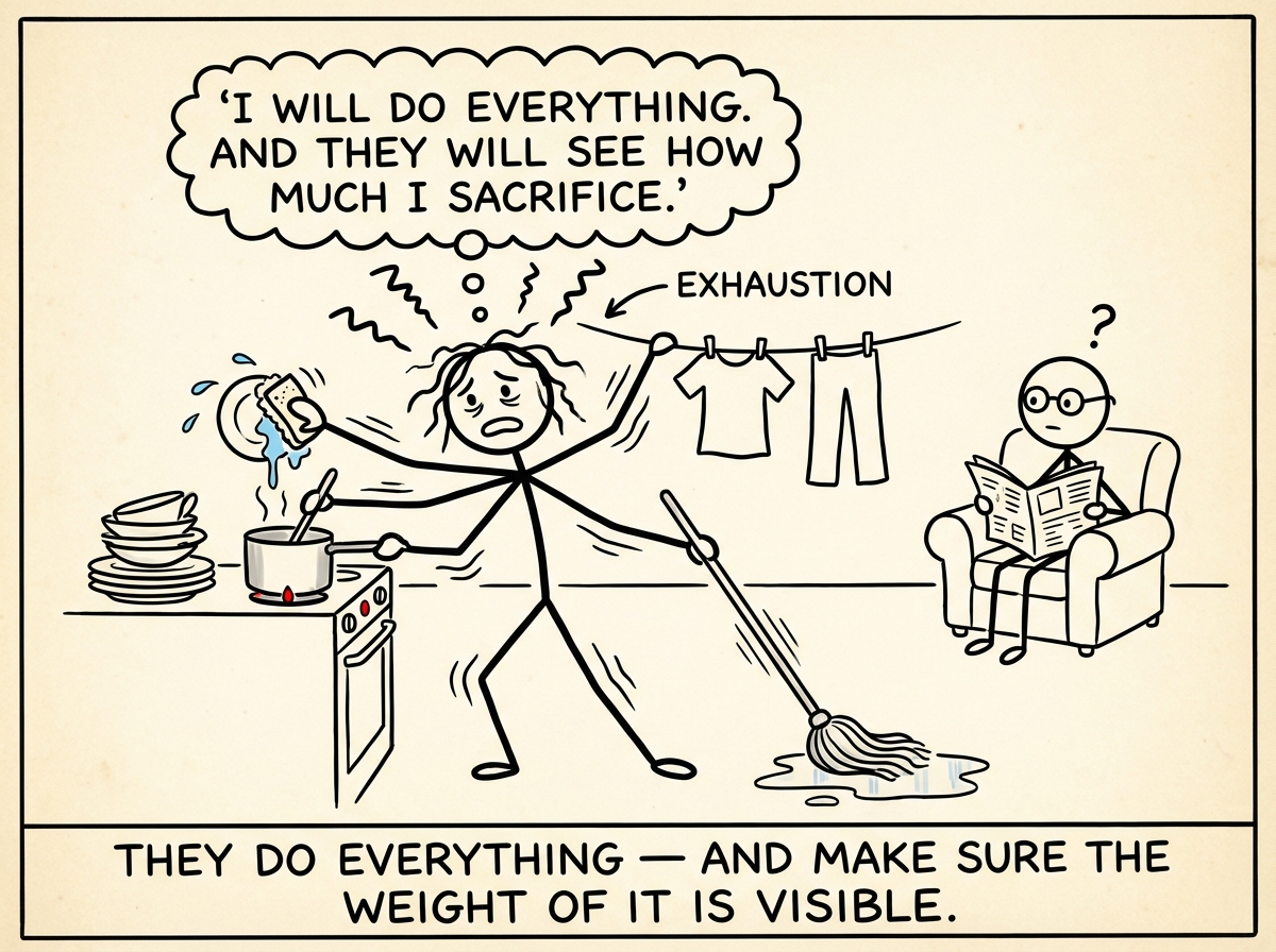 A stick figure doing dishes, laundry, cooking, and mopping all at once, with exaggerated exhaustion lines. A thought bubble above reads 'I will do EVERYTHING. And they will SEE how much I sacrifice.' Another figure sits reading in the background, unaware