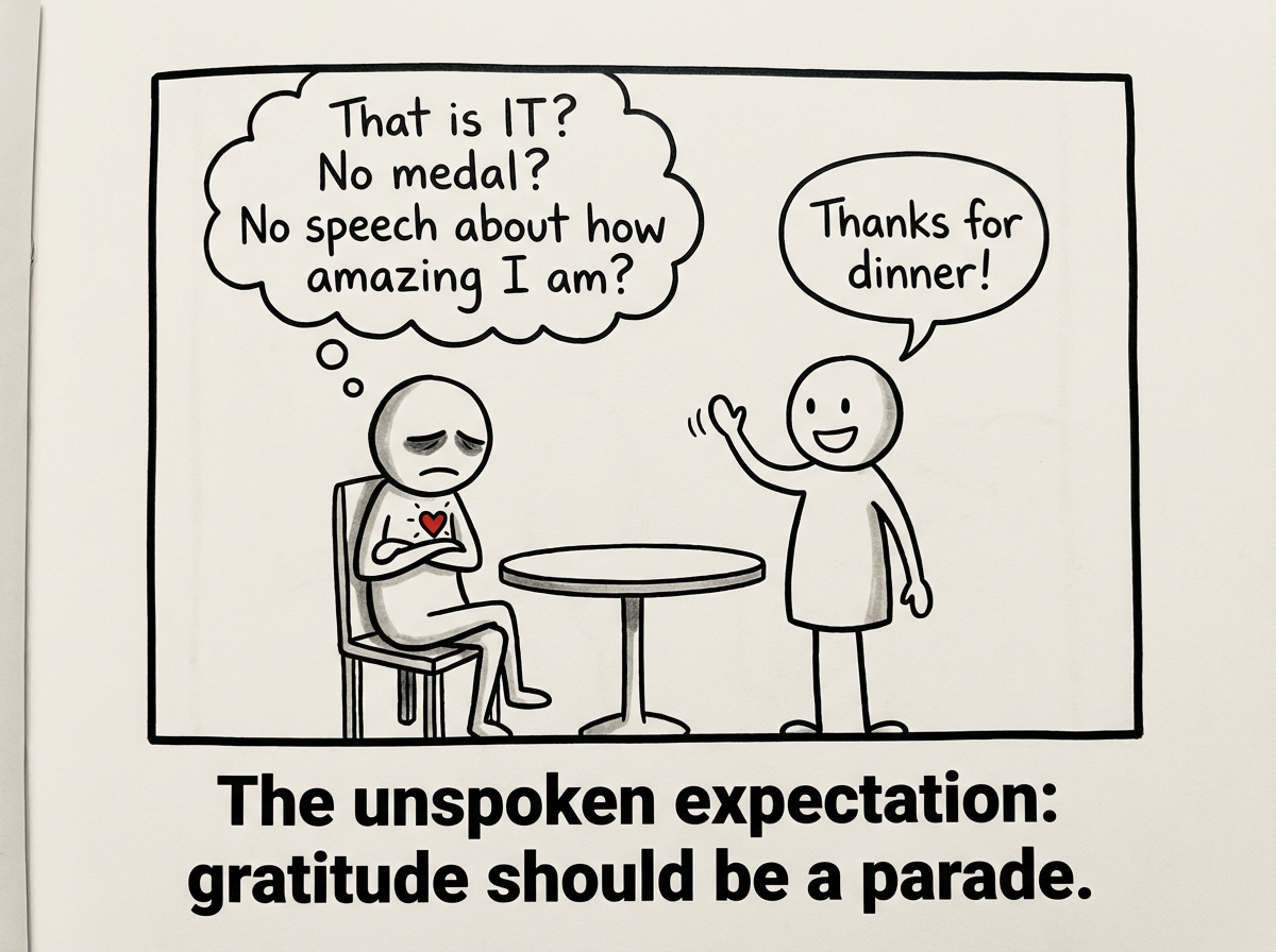 The same figure sitting at a table, arms crossed, looking wounded. The other figure cheerfully says 'Thanks for dinner!' but the martyr's thought bubble reads 'That is IT? No medal? No speech about how amazing I am?'