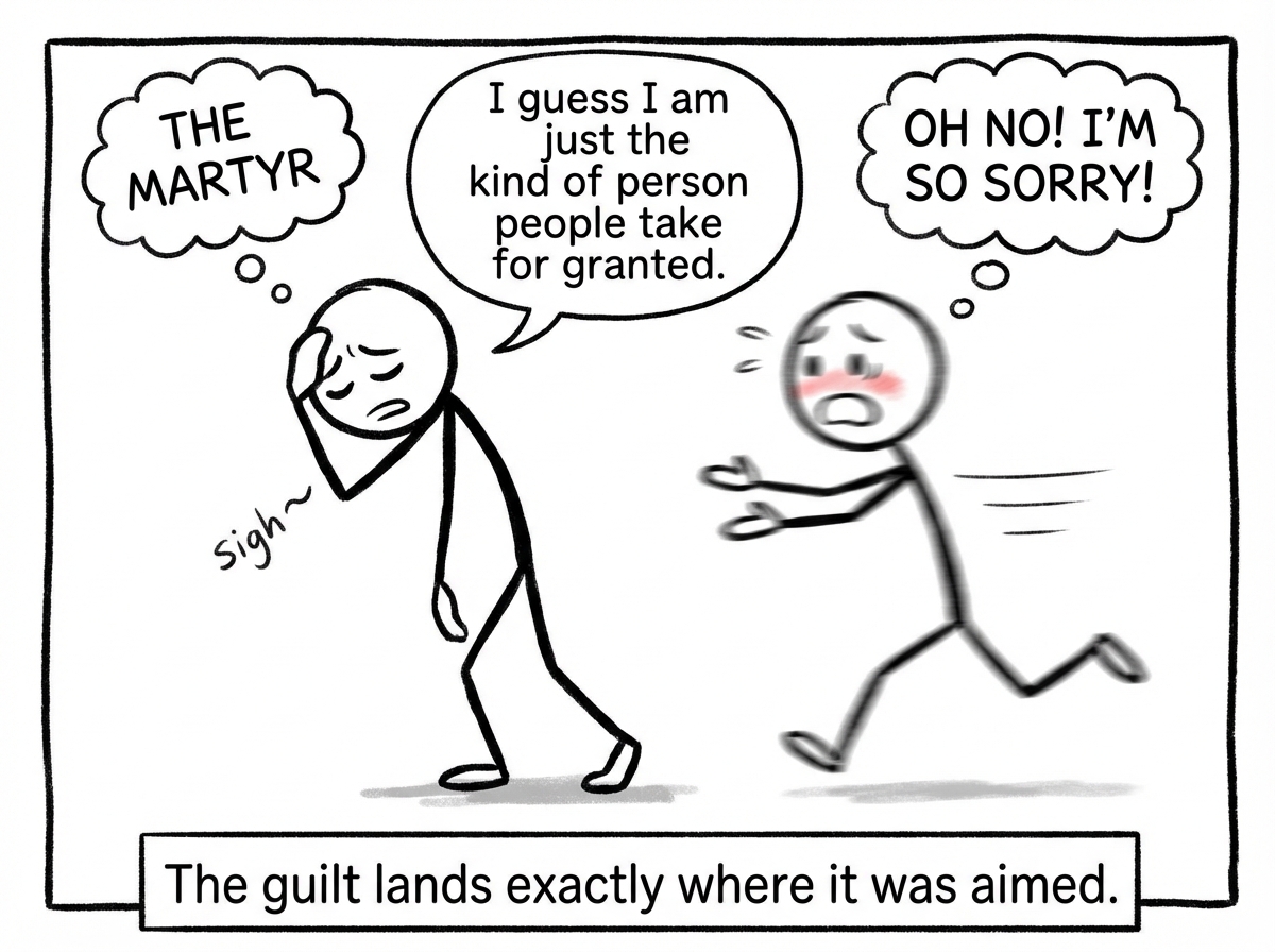 The martyr dramatically sighing, hand on forehead, saying 'I guess I am just the kind of person people take for granted.' The other figure looks panicked and guilty, already rushing to apologize