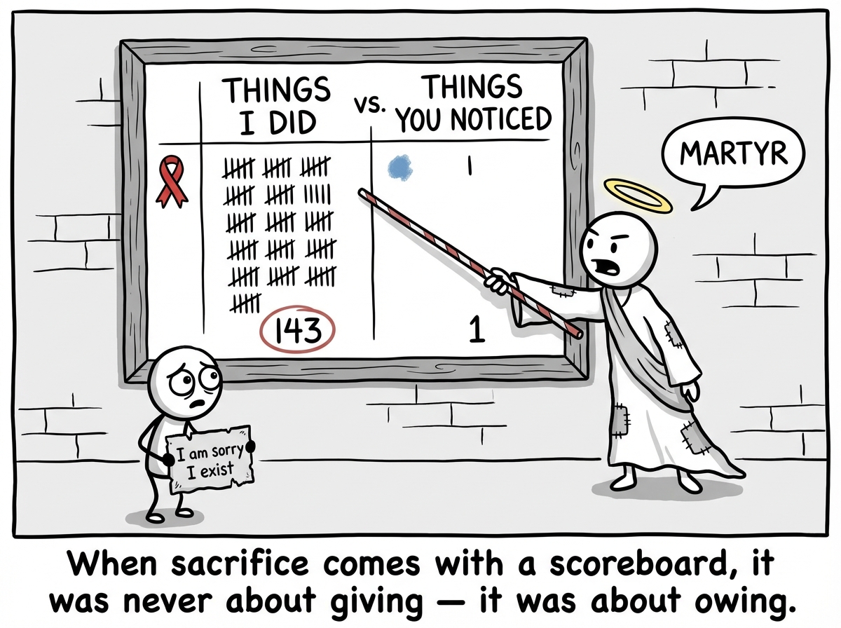 A scoreboard on the wall titled 'Things I Did vs. Things You Noticed' with a wildly lopsided tally. The martyr points at it while the other figure, now tiny and overwhelmed, holds a sign saying 'I am sorry I exist'