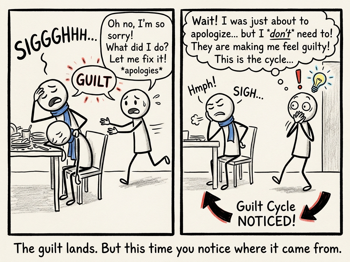 A stick figure recognizing the guilt cycle — the martyr sighs dramatically and the figure catches themselves about to rush in with apologies