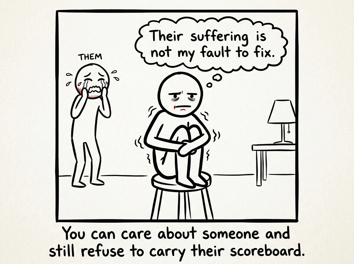 The stick figure pausing instead of apologizing, sitting with the discomfort, a thought bubble: 'Their suffering is not my fault to fix'