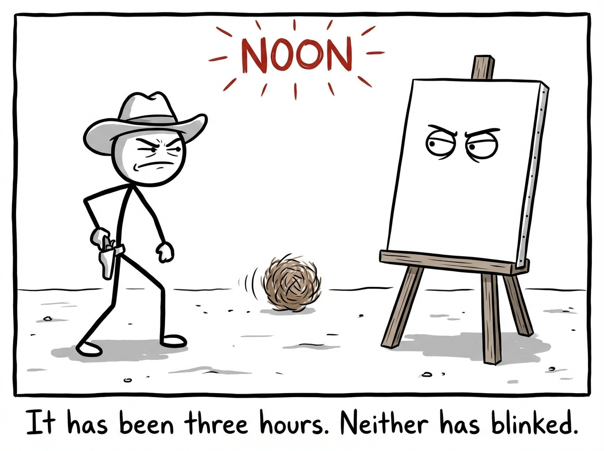 A stick figure stands on the left side of the frame facing a large blank white canvas on an easel on the right. Both are positioned like gunslingers in a Western standoff, with narrowed eyes and tense posture. A tumbleweed rolls between them. The word 'NOON' appears overhead like a clock striking.
