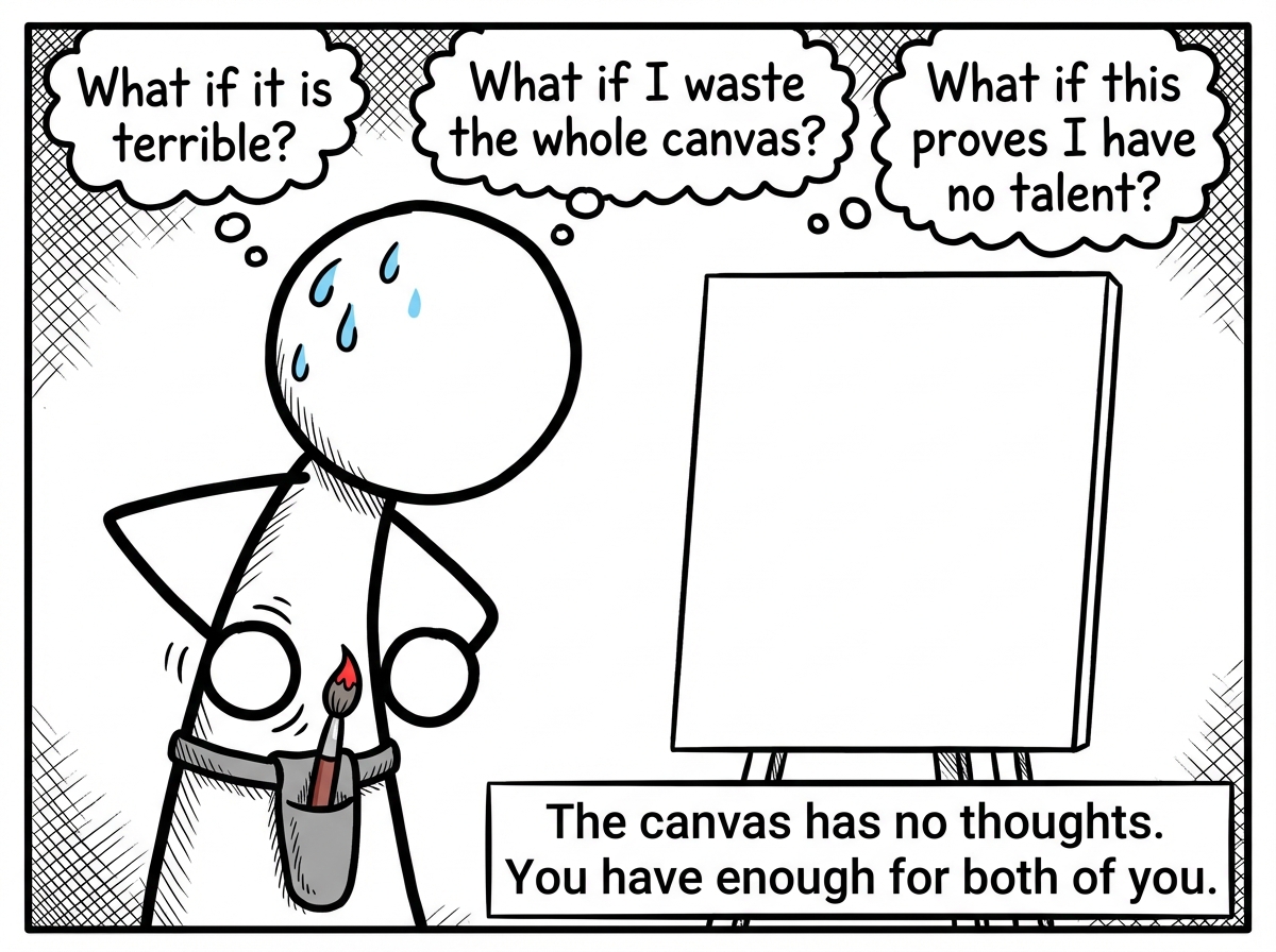 Close-up of the stick figure sweating, hand hovering near a paintbrush holstered like a gun at their hip. Thought bubbles swirl overhead reading 'What if it is terrible?' and 'What if I waste the whole canvas?' and 'What if this proves I have no talent?' The canvas remains perfectly blank and unbothered.