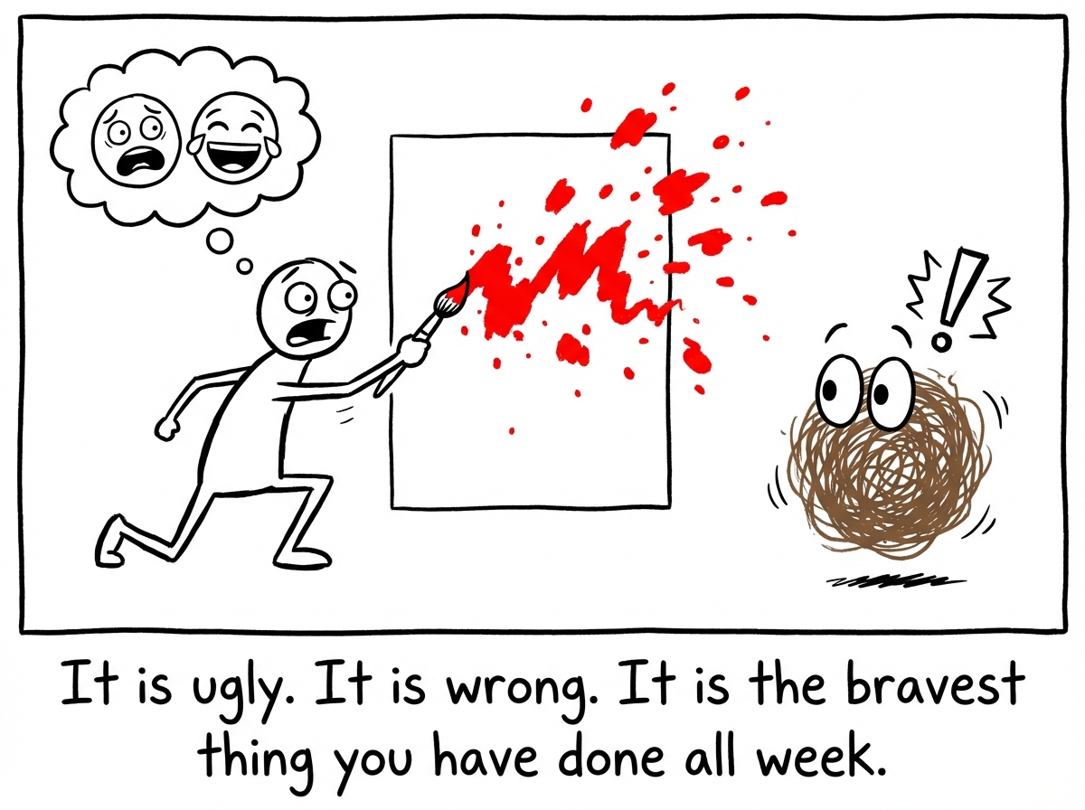 The stick figure suddenly lunges forward and slashes a messy, imperfect line of red paint across the canvas. Paint splatters everywhere. The figure's expression is a mix of terror and exhilaration, eyes wide, mouth open. The tumbleweed freezes mid-roll in shock.