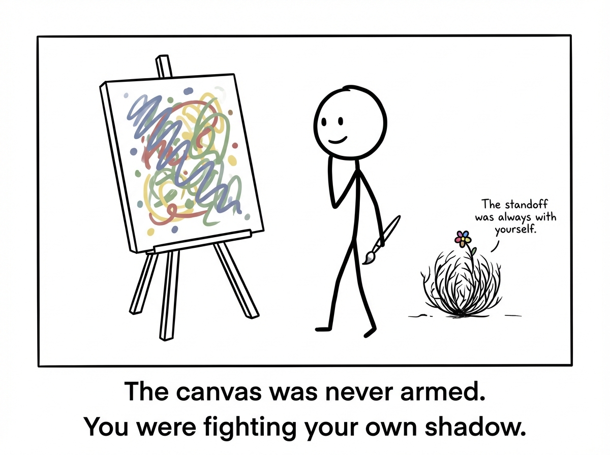 The stick figure stands back and looks at the canvas, which now has several messy, colorful marks on it -- none of them perfect, all of them alive. The figure is smiling slightly, paintbrush relaxed at their side. The tumbleweed has sprouted a tiny flower. A small label reads 'The standoff was always with yourself.'