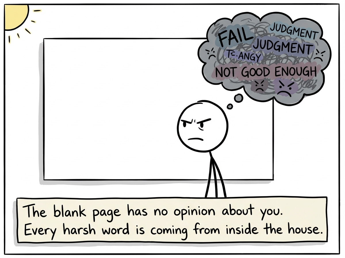 A stick figure staring at a blank canvas with a thought bubble full of fears and judgments, realizing the canvas itself has no speech bubble at all -- it is completely silent.
