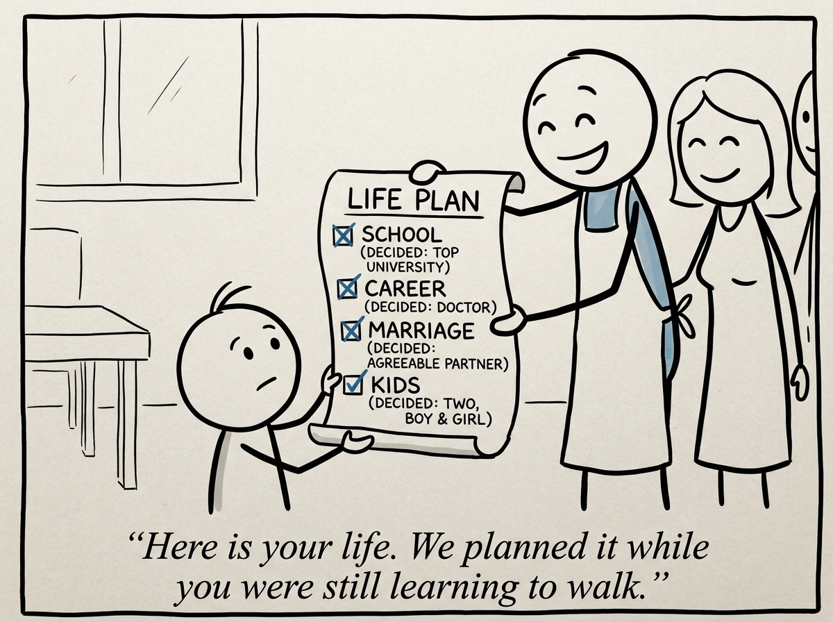 A child receiving a neatly printed life plan from smiling family members, with checkboxes for school, career, marriage, and kids, each already decided