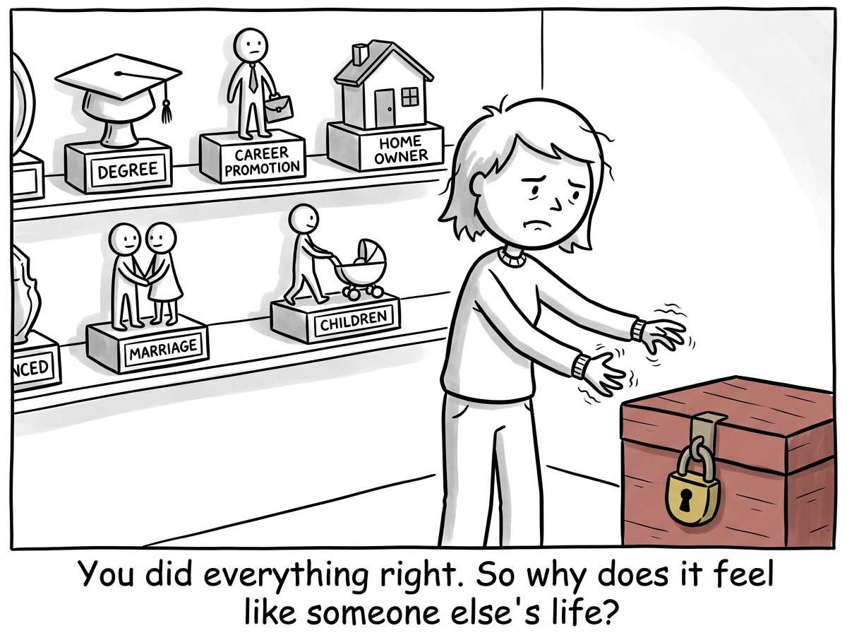 The person at 30, surrounded by all the achieved milestones looking like trophies on a shelf, staring at the locked box in the corner and reaching for it with trembling hands