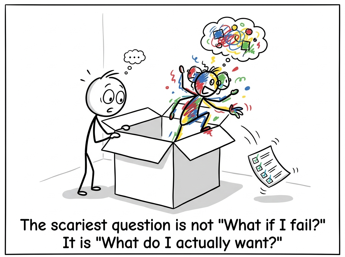 The person opening the box and finding a messy, imperfect, colorful version of themselves inside, while the tidy checklist flutters to the floor