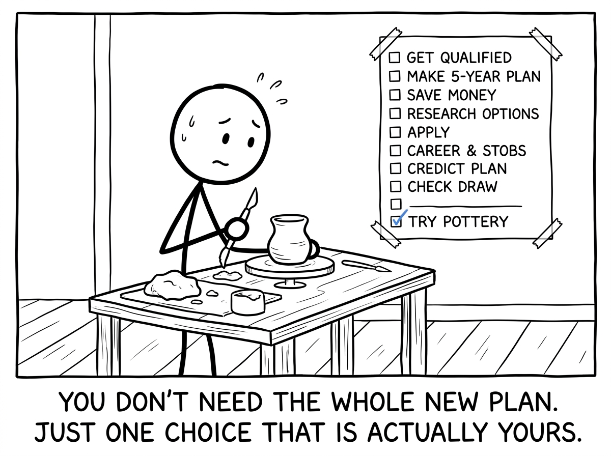 The stick figure trying something new -- a class, a hobby, a different career path -- still nervous, the checklist visible in the background but no longer in their hands