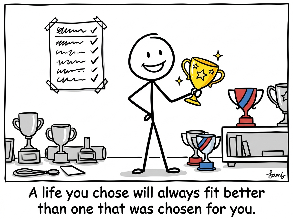 The stick figure with a life that is messier than the original checklist but unmistakably their own, standing taller with some family trophies kept and others set down