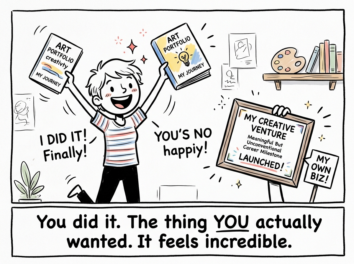 A person excitedly holding up their new achievement -- an art portfolio, a creative business, a meaningful but unconventional career milestone -- beaming with genuine pride