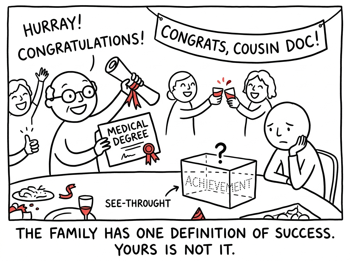 The person at a family gathering, sitting quietly while relatives celebrate a cousin's medical degree, their own achievement literally invisible on the table