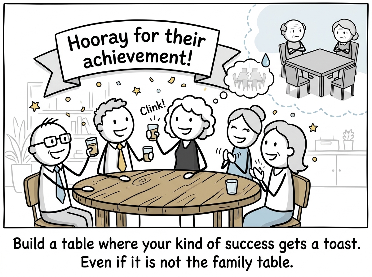 The person surrounded by friends and colleagues who genuinely celebrate their work, while still holding a small ache for the family approval that may never come