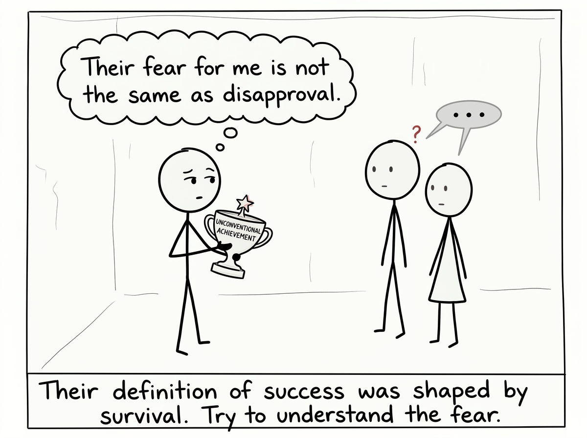 A stick figure holding their unconventional achievement, feeling the sting of family silence, and thinking 'Their fear for me is not the same as disapproval'