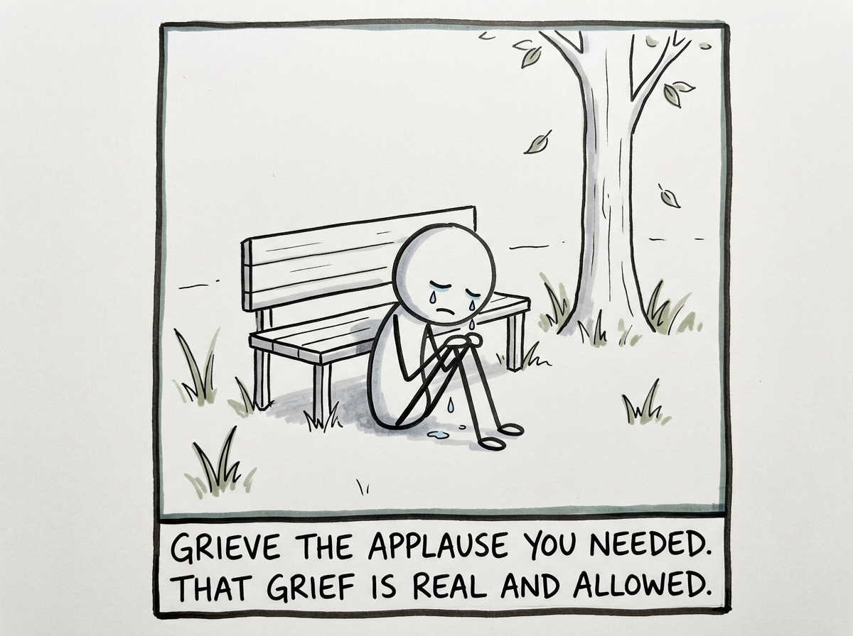 The stick figure allowing themselves to grieve -- a small private moment of sadness that the approval they wanted most may never come
