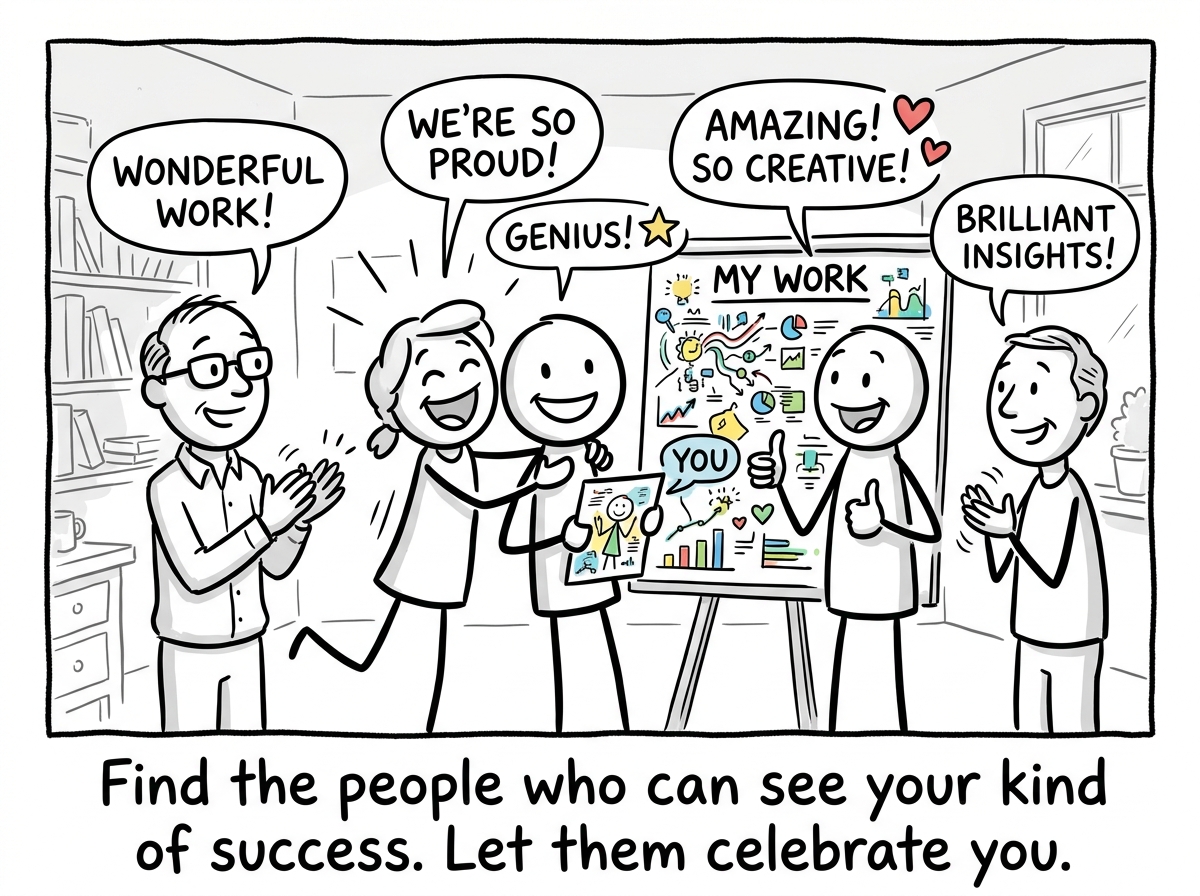 The stick figure sharing their work with friends and mentors who understand it, receiving genuine celebration and recognition