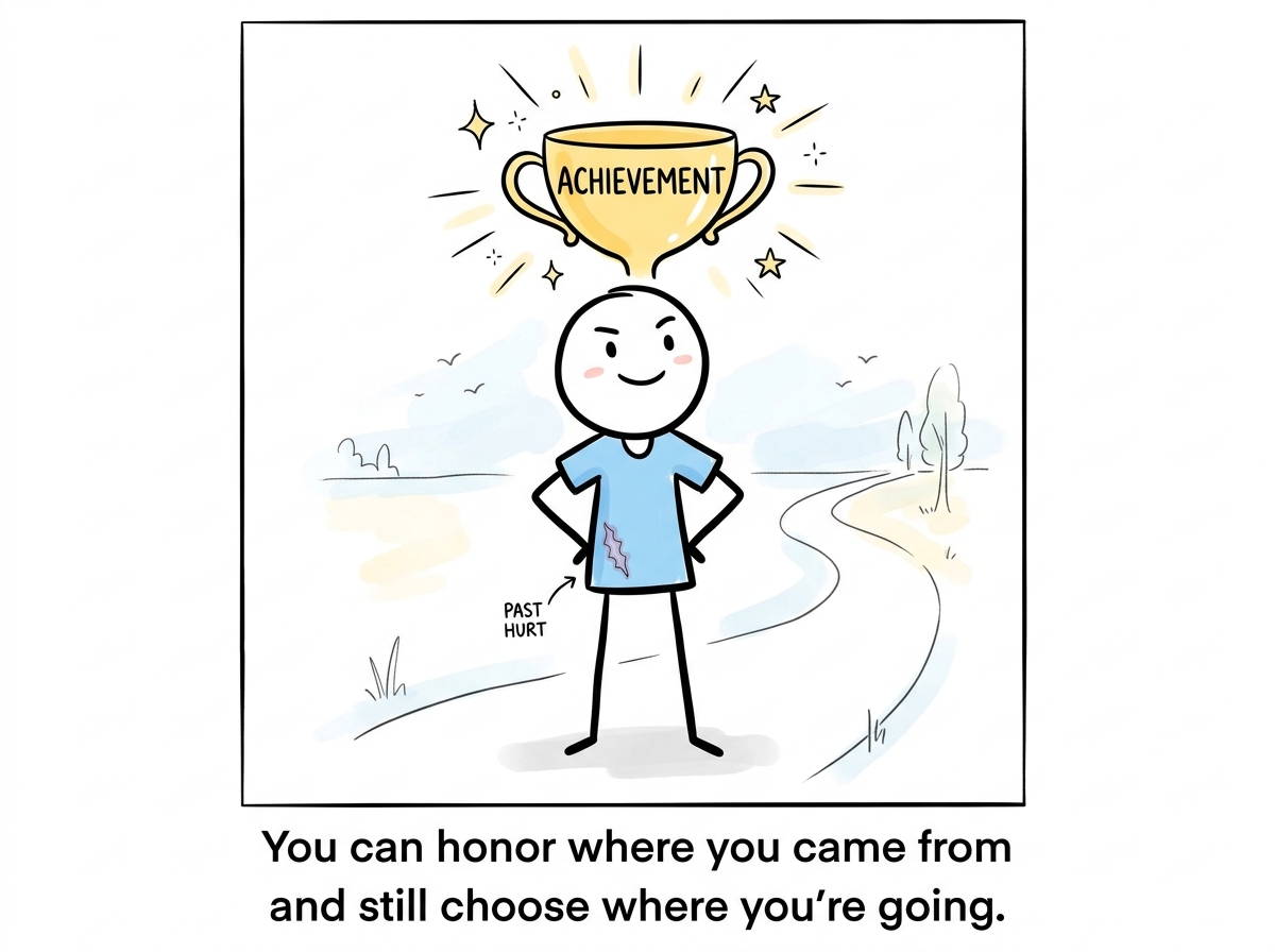 The stick figure standing proud with their achievement, a small ache still visible but no longer defining them, choosing to validate their own path