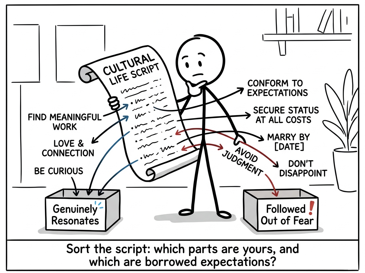 A stick figure examining the cultural life script they were handed, separating what genuinely resonates from what they followed out of fear