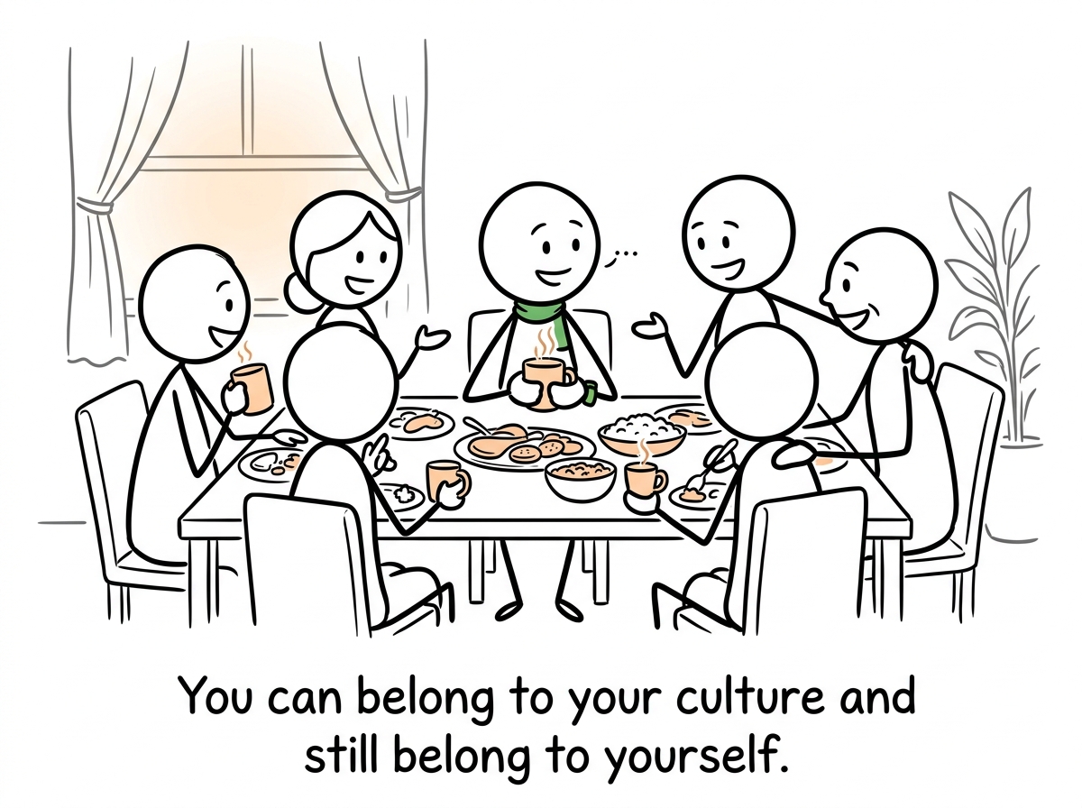 The stick figure at a family gathering, genuinely present and connected, while quietly honoring the choices that are uniquely theirs