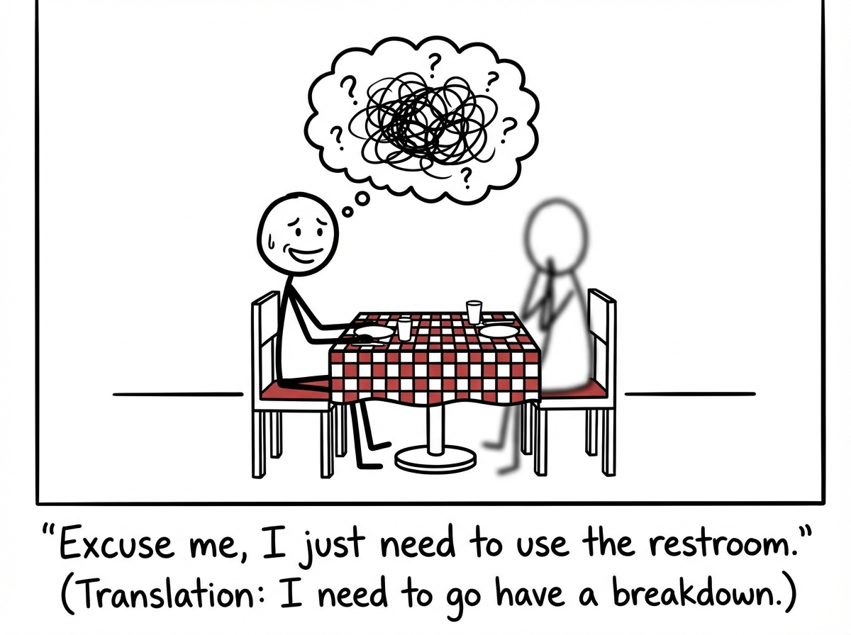 A stick figure sitting across from their date at a restaurant table, smiling on the outside but with a thought bubble full of panicked scribbles