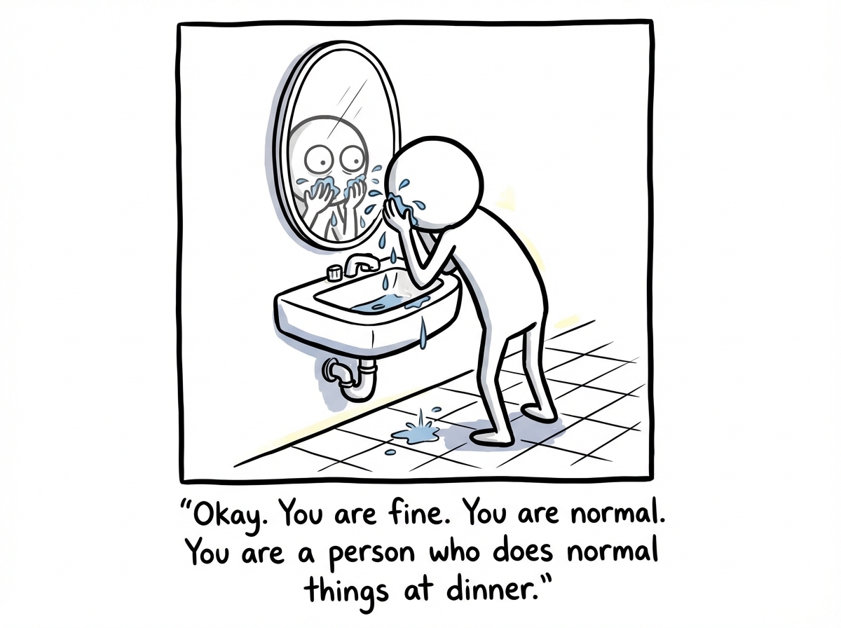 The stick figure gripping the bathroom sink, staring into the mirror with wide eyes, splashing water on their face
