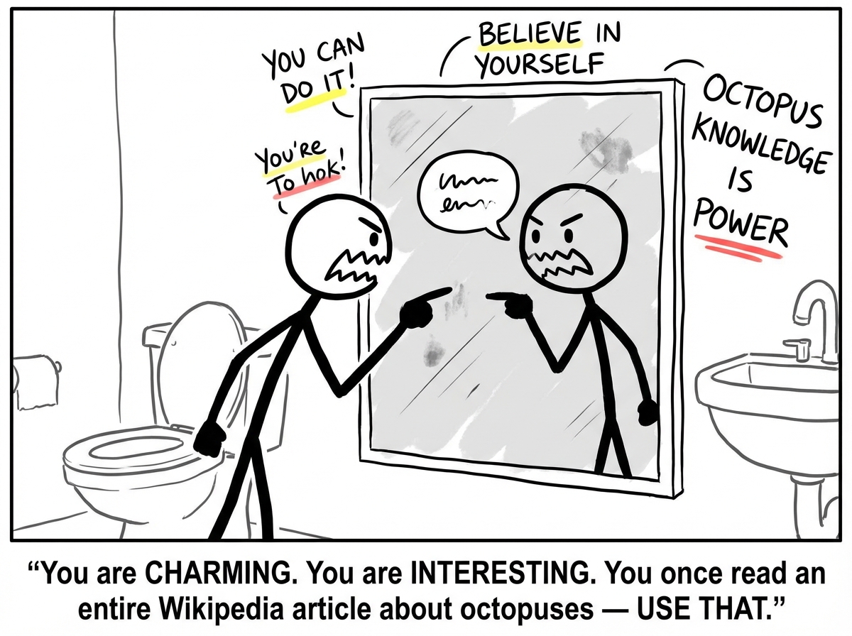 The stick figure now pointing aggressively at their own reflection, mouth open mid-lecture, with motivational slogans appearing around the mirror