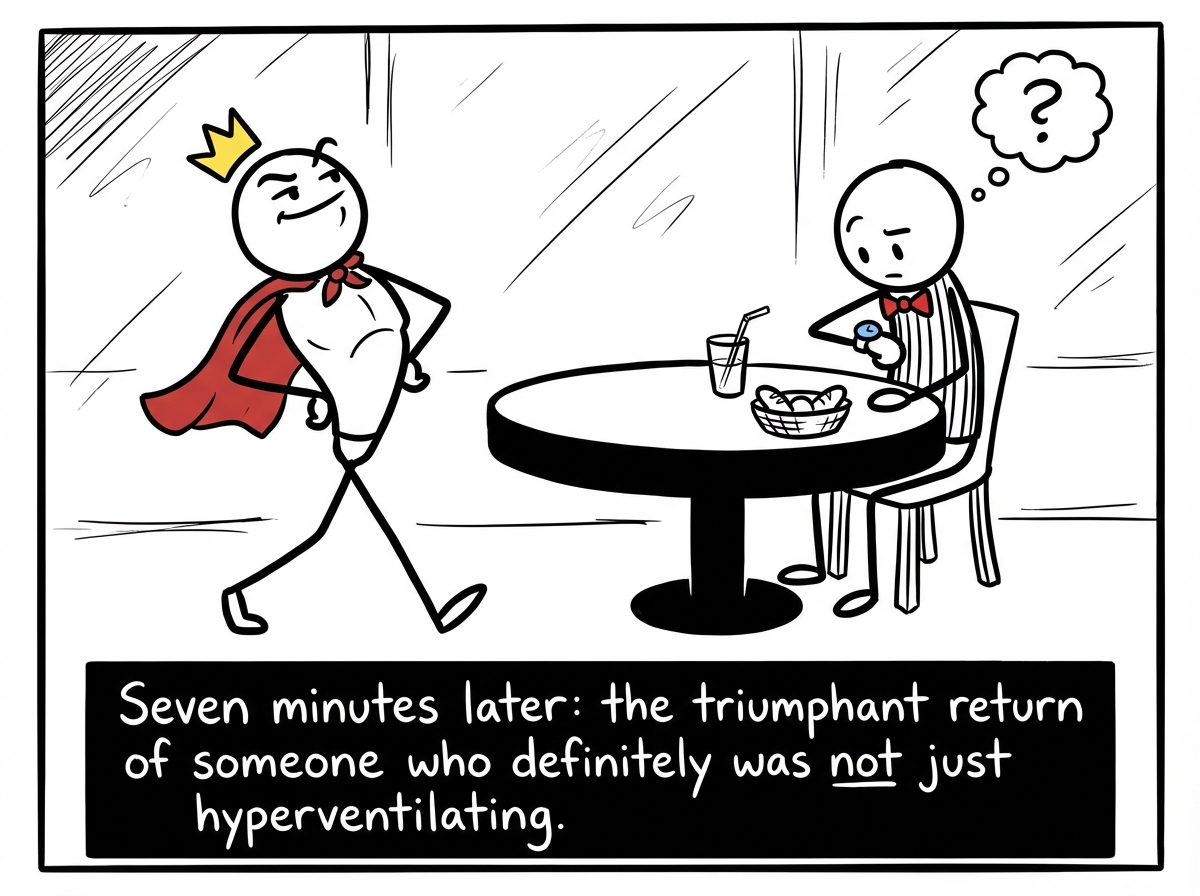 The stick figure walking back to the table with exaggerated confidence, while the date checks their watch looking mildly concerned