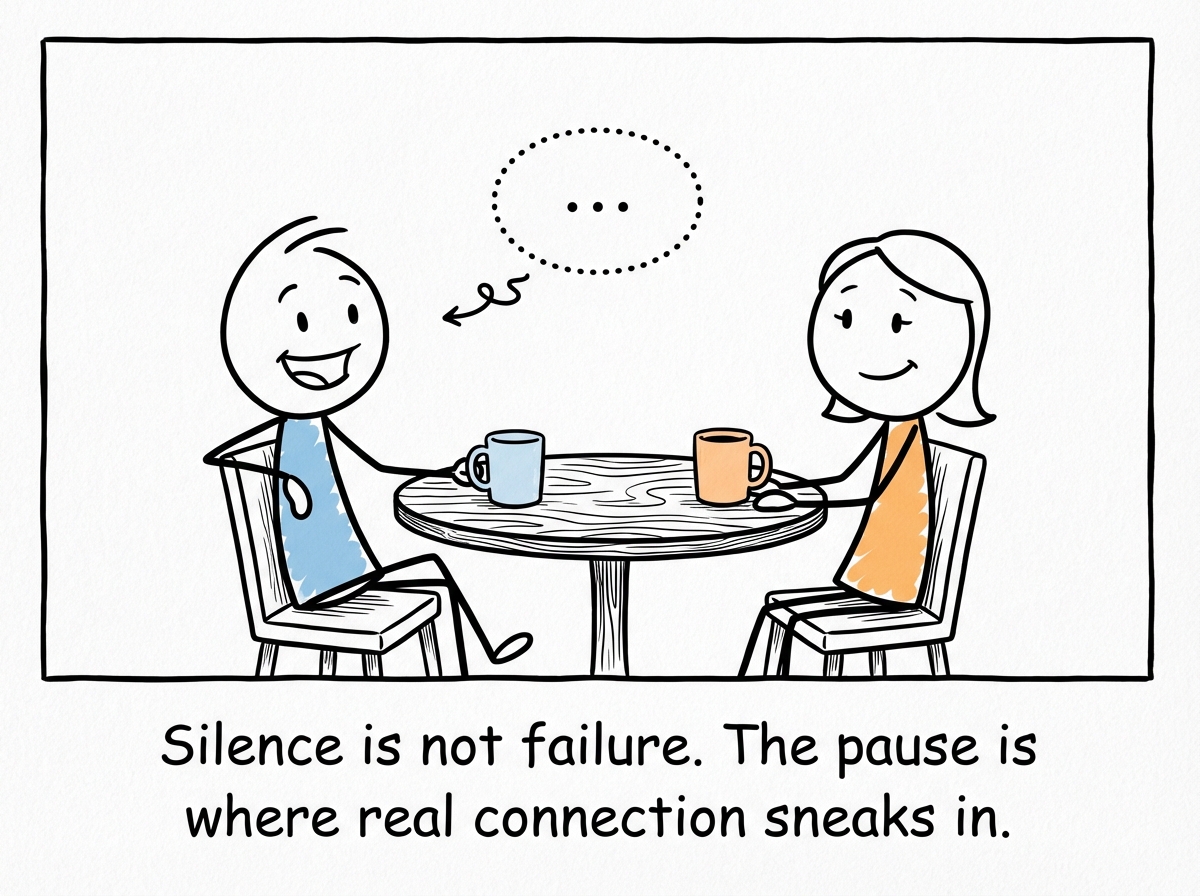 A stick figure letting an awkward pause happen at the table without panicking, both people still smiling