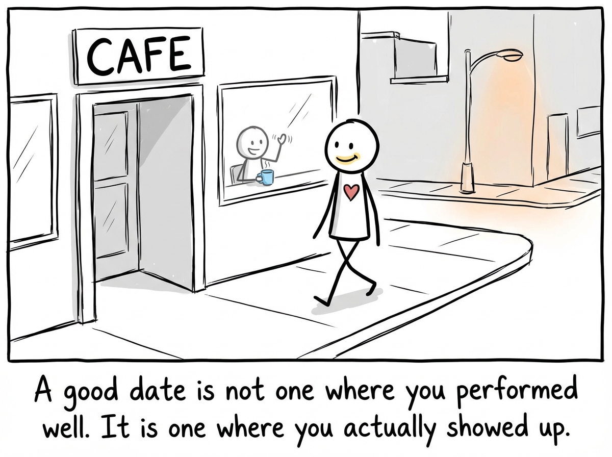 A stick figure leaving a date with a genuine smile, not because it was perfect but because they were present