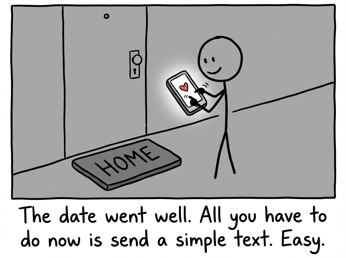 A stick figure arriving home after a date, smiling, pulling out their phone to type a message