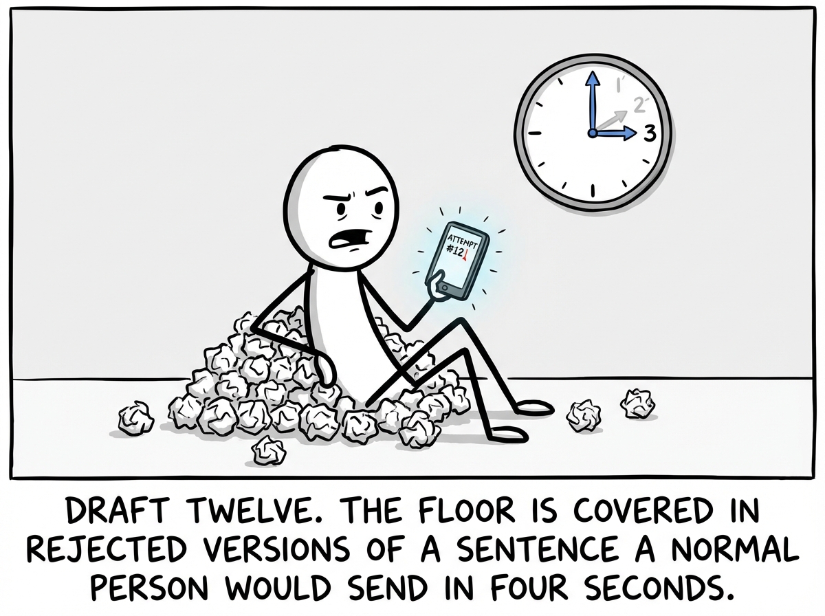 The stick figure now surrounded by crumpled paper balls representing deleted drafts, phone screen showing attempt number twelve, a clock on the wall showing an hour has passed