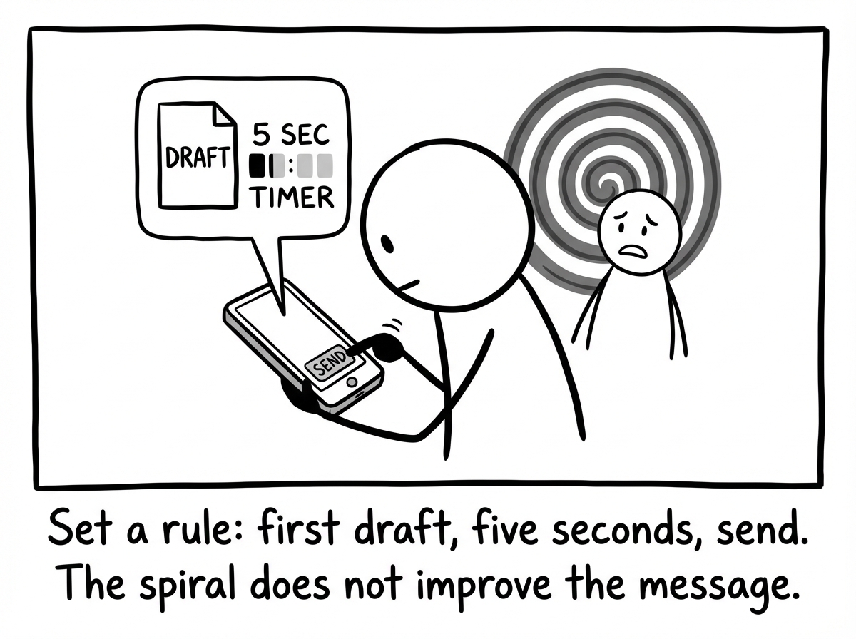 A stick figure looking at a phone with a simple draft and a five-second timer, choosing to send it before the spiral starts