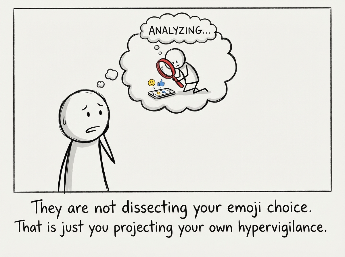A stick figure reminding themselves that the other person is probably not analyzing their punctuation with a magnifying glass