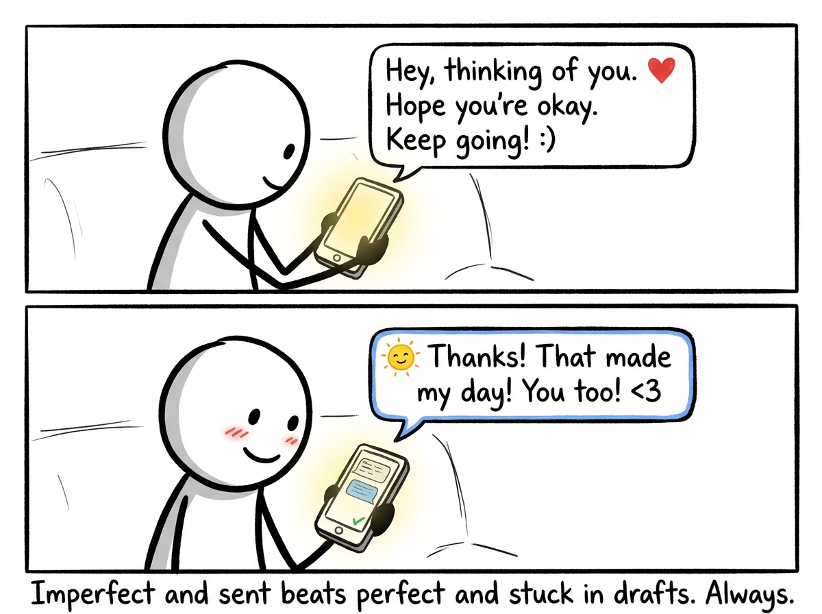 A stick figure sending a warm, imperfect text and getting a happy reply back immediately