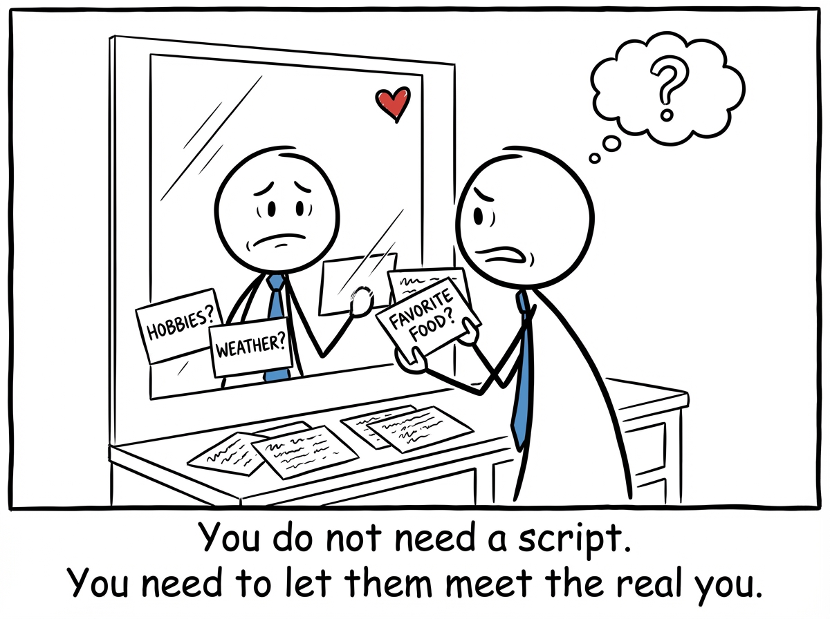 A stick figure rehearsing conversation topics in the mirror before a date, with index cards scattered on the bathroom counter