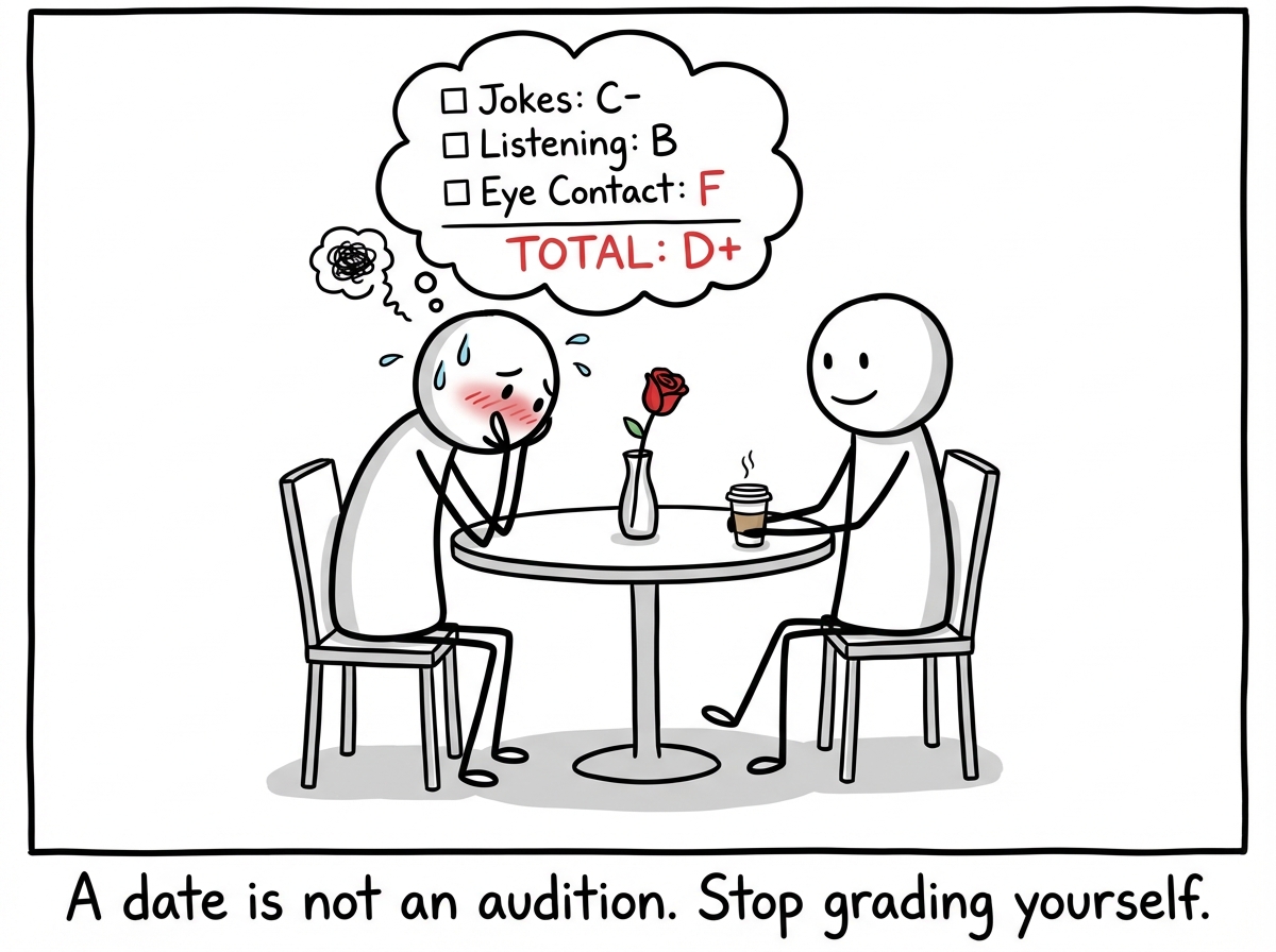 A stick figure sitting across from a date, visibly tense, with a thought bubble showing a scoring rubric grading their performance