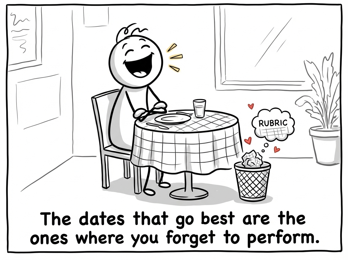 A stick figure laughing naturally at a table, the scoring rubric thought bubble now crumpled in a trash can