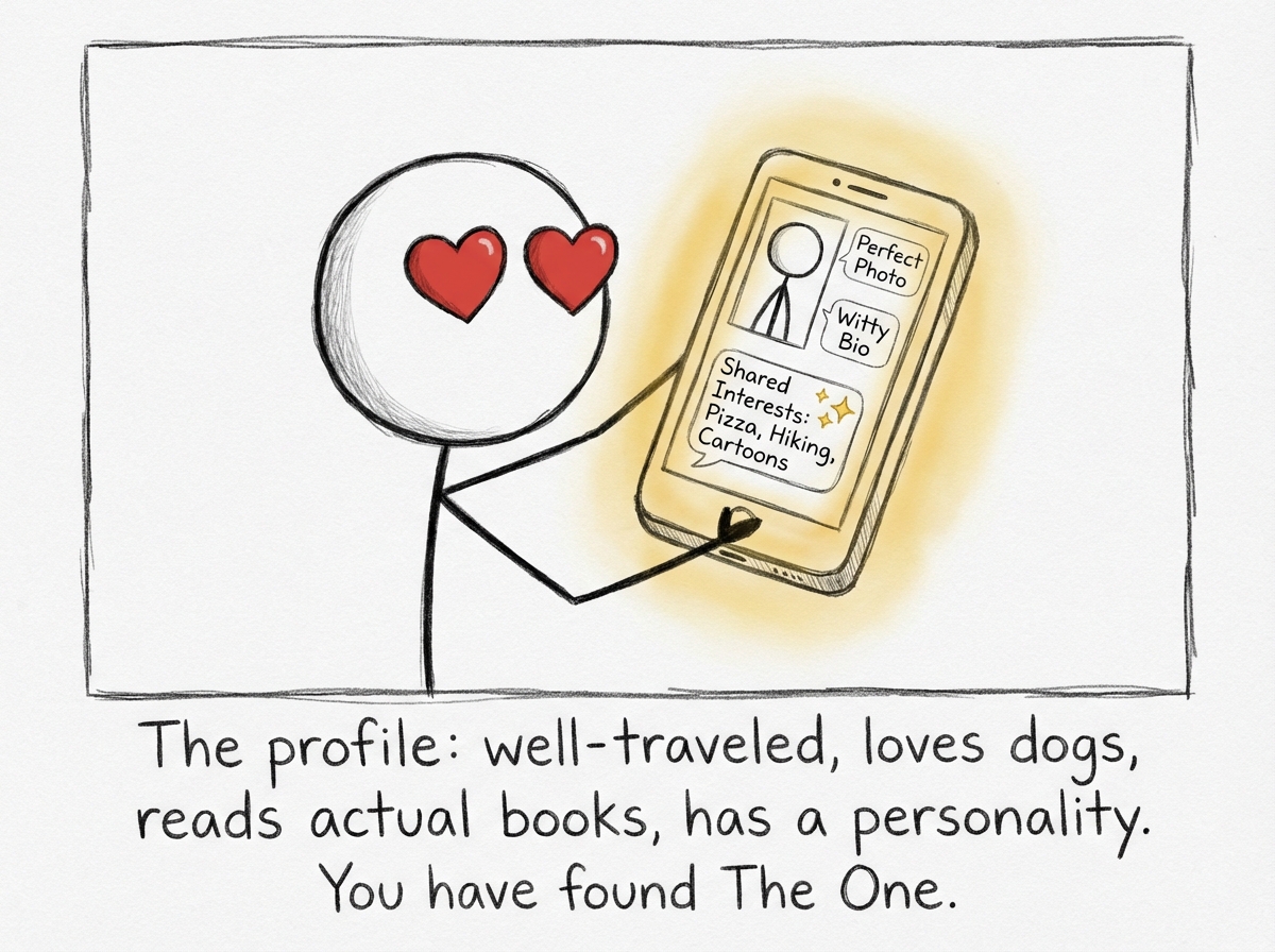 A stick figure looking at a dating profile on their phone with heart eyes — the profile shows a perfect photo, witty bio, and a list of shared interests glowing golden