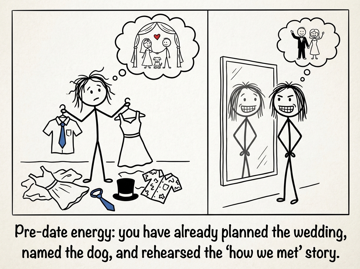 The stick figure getting ready for the date with extreme care — trying on multiple outfits, practicing their smile, imagining their wedding