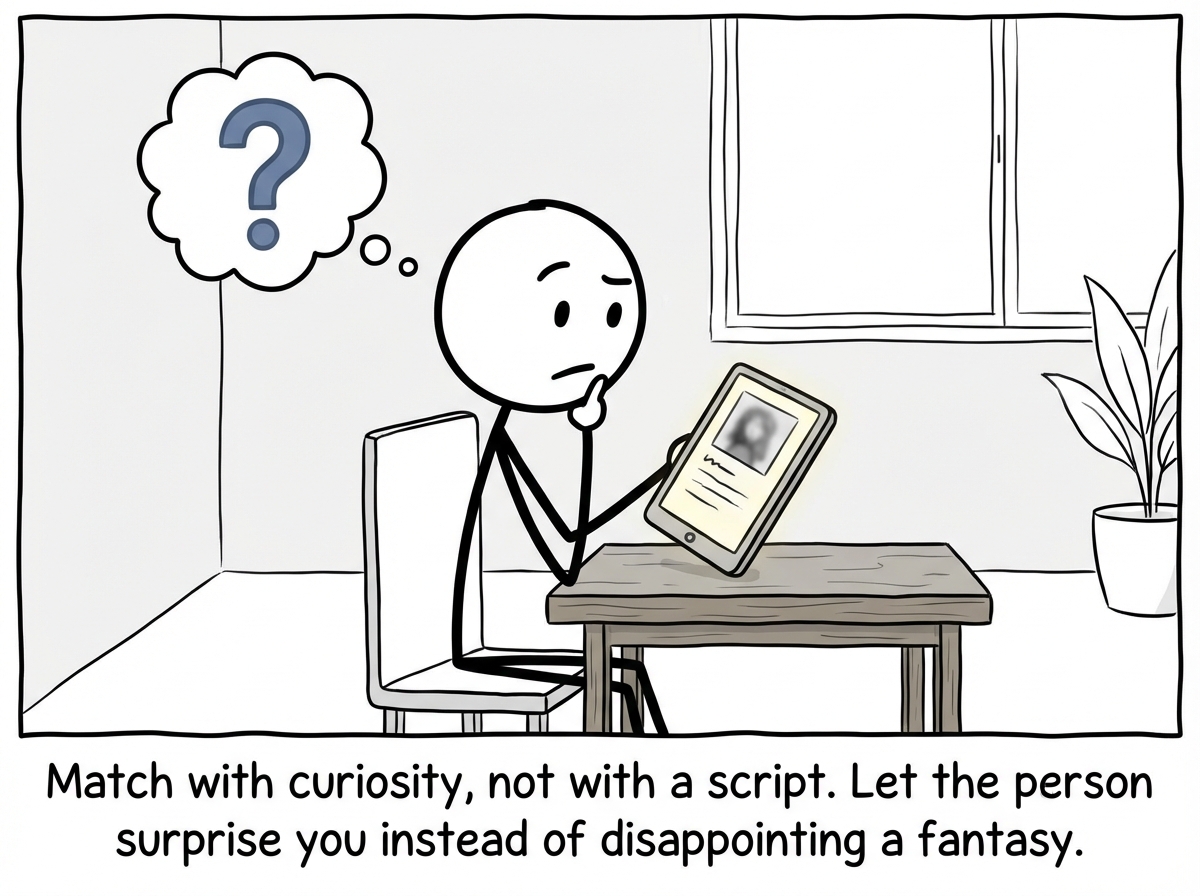 A stick figure looking at a dating profile with curiosity instead of fantasy, keeping expectations neutral