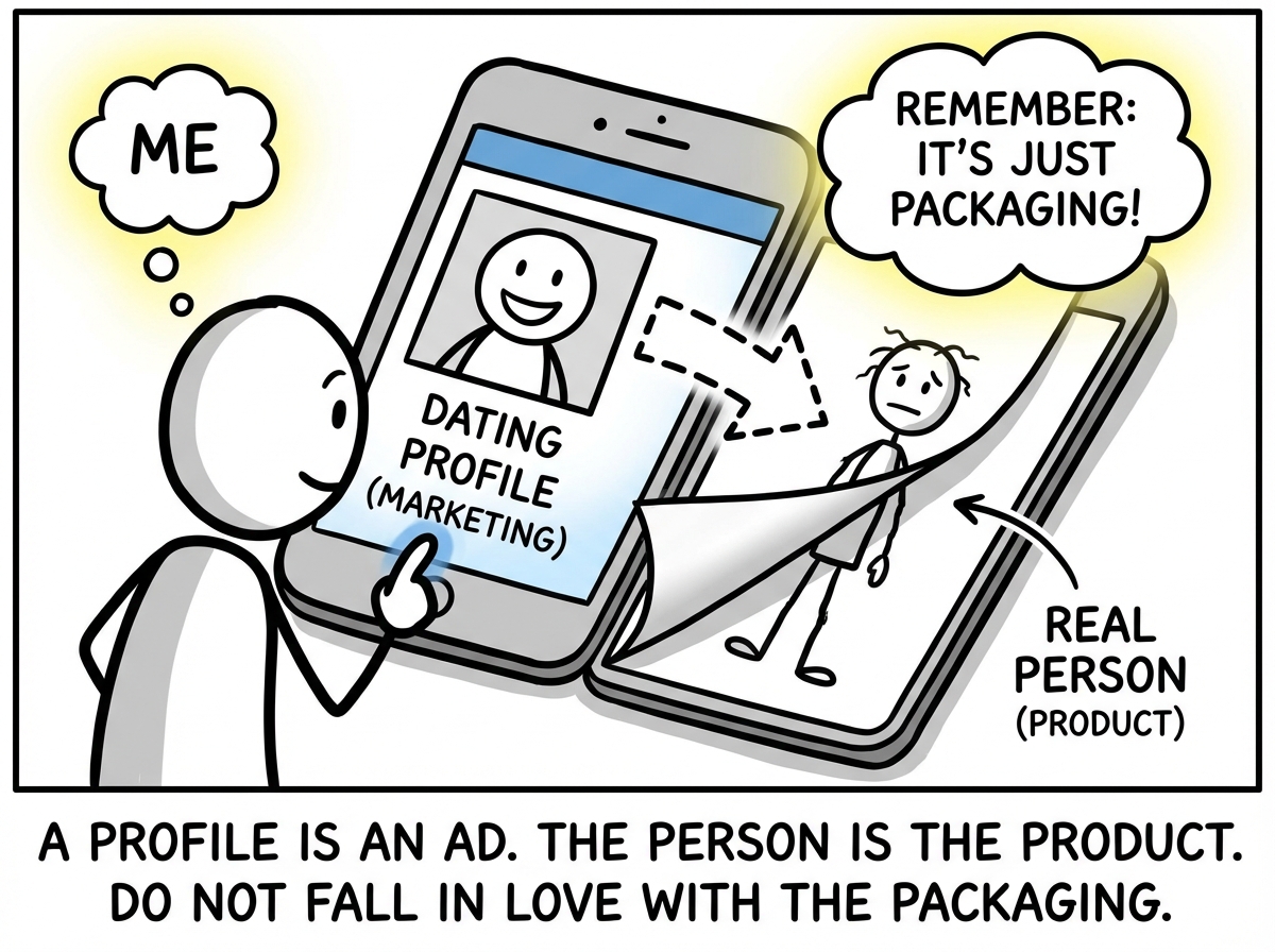 A stick figure reminding themselves that a profile is marketing, not a person