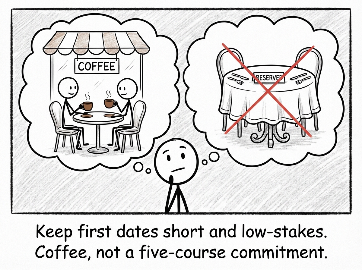 A stick figure choosing a low-investment first date — a short coffee instead of a fancy dinner