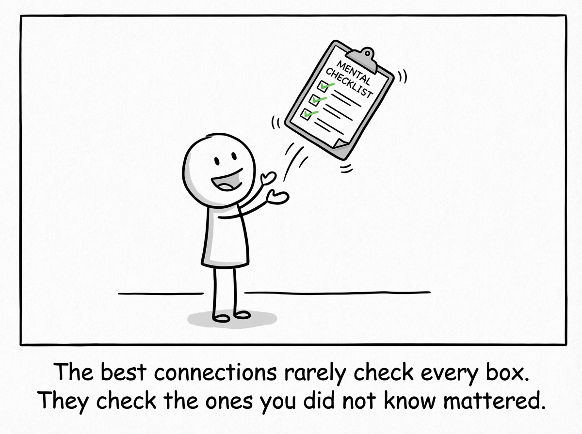A stick figure deleting the mental checklist and just being open to whoever shows up
