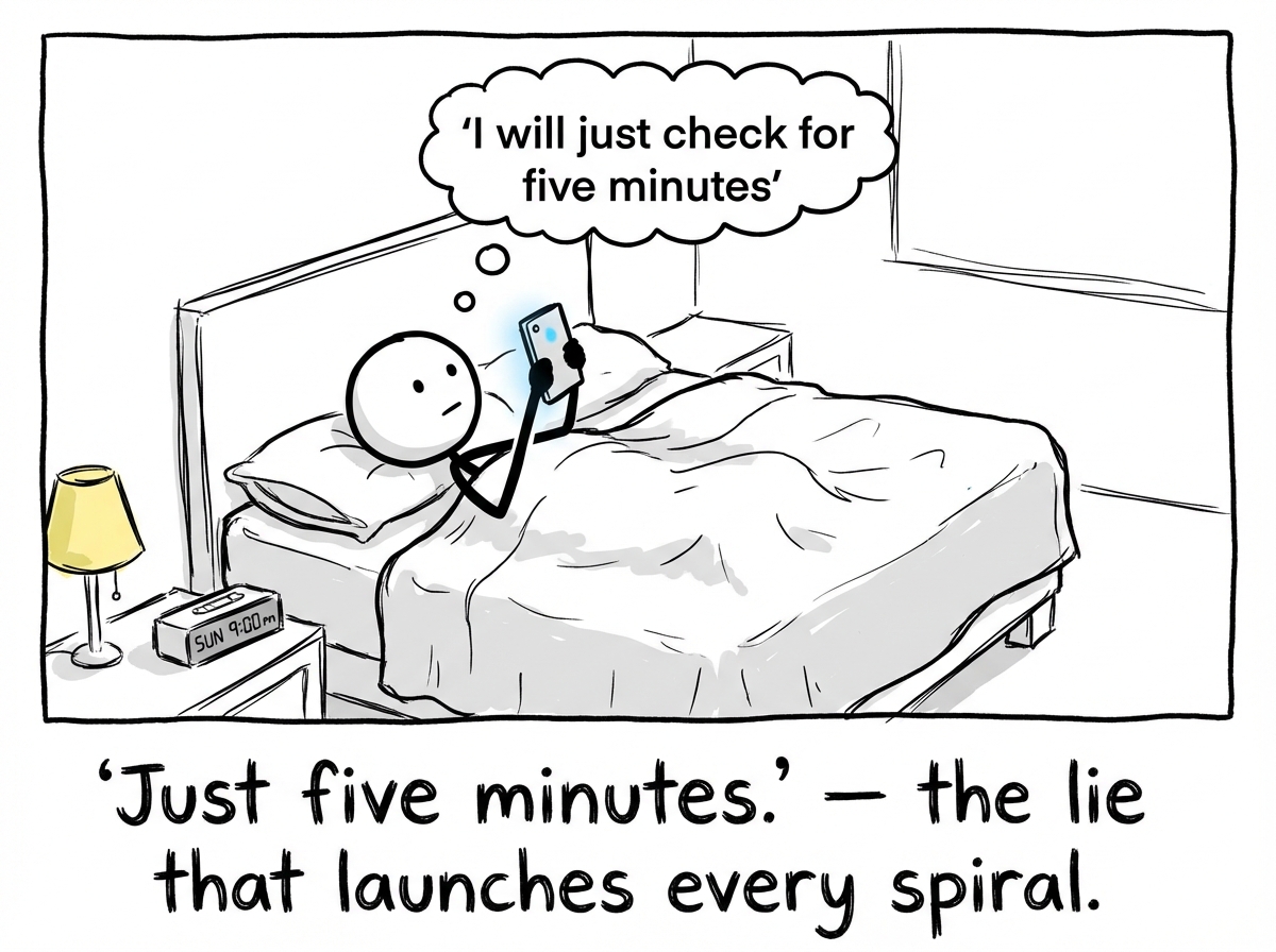 A stick figure lying in bed on a Sunday evening, picking up their phone with a thought bubble saying 'I will just check for five minutes'